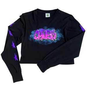 New XS Cross Colours NY Graffiti Black Crop Long Sleeve T-Shirt Neon Cotton